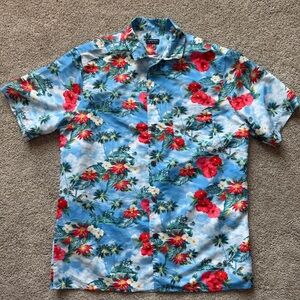 Men’s Tropical Storm Floral Blue Hawaiian Shirt- Size Large